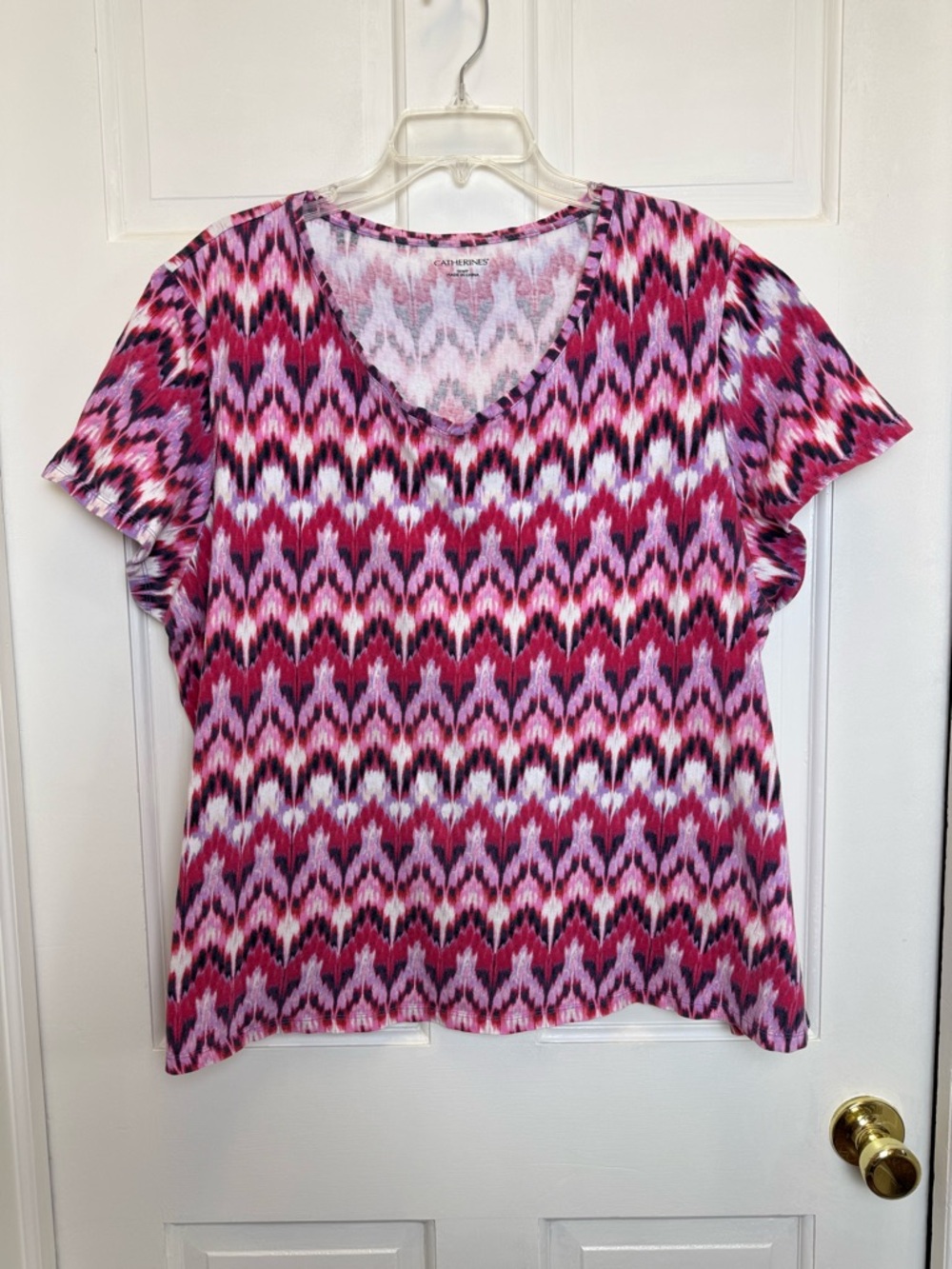 Catherines Pink Multi V-Neck Cotton Short Sleeve Top Size 1XWP Petite